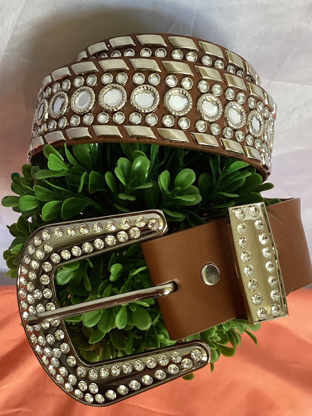 Rhinestone Embellished Brown Leather Belt - Women's Accessories